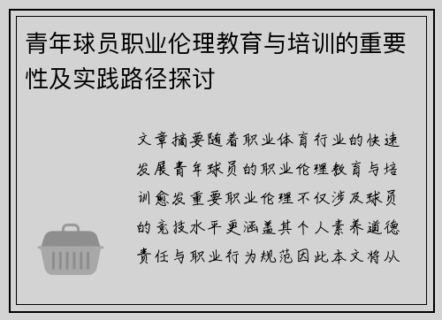 青年球员职业伦理教育与培训的重要性及实践路径探讨