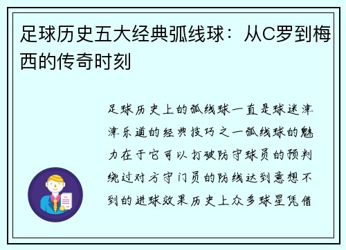 足球历史五大经典弧线球：从C罗到梅西的传奇时刻